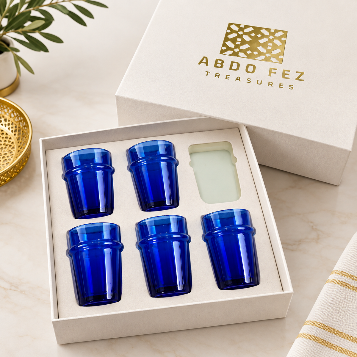 Set of 6 Handmade Moroccan Artisan Tea Glasses (Blue)