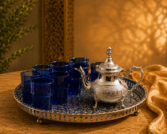 Luxury Handmade Moroccan Copper Tea Set —1 Handmade Teapot + Serving Tray + Sugar Bowl + 6 Traditional Tea Glasses