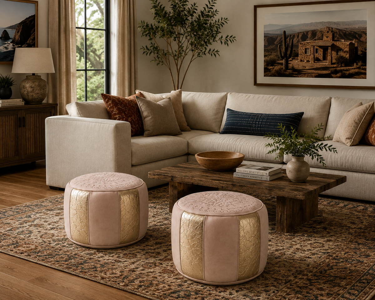 GOLDEN ELEGANCE POUF— Luxury Moroccan Leather Poufs, Set of 2