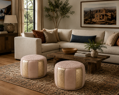 GOLDEN ELEGANCE POUF— Luxury Moroccan Leather Poufs, Set of 2