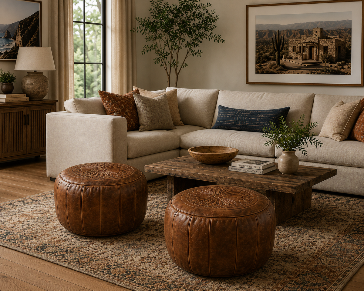 DESERT SUN HERITAGE— Set of Two Handcrafted Leather Poufs