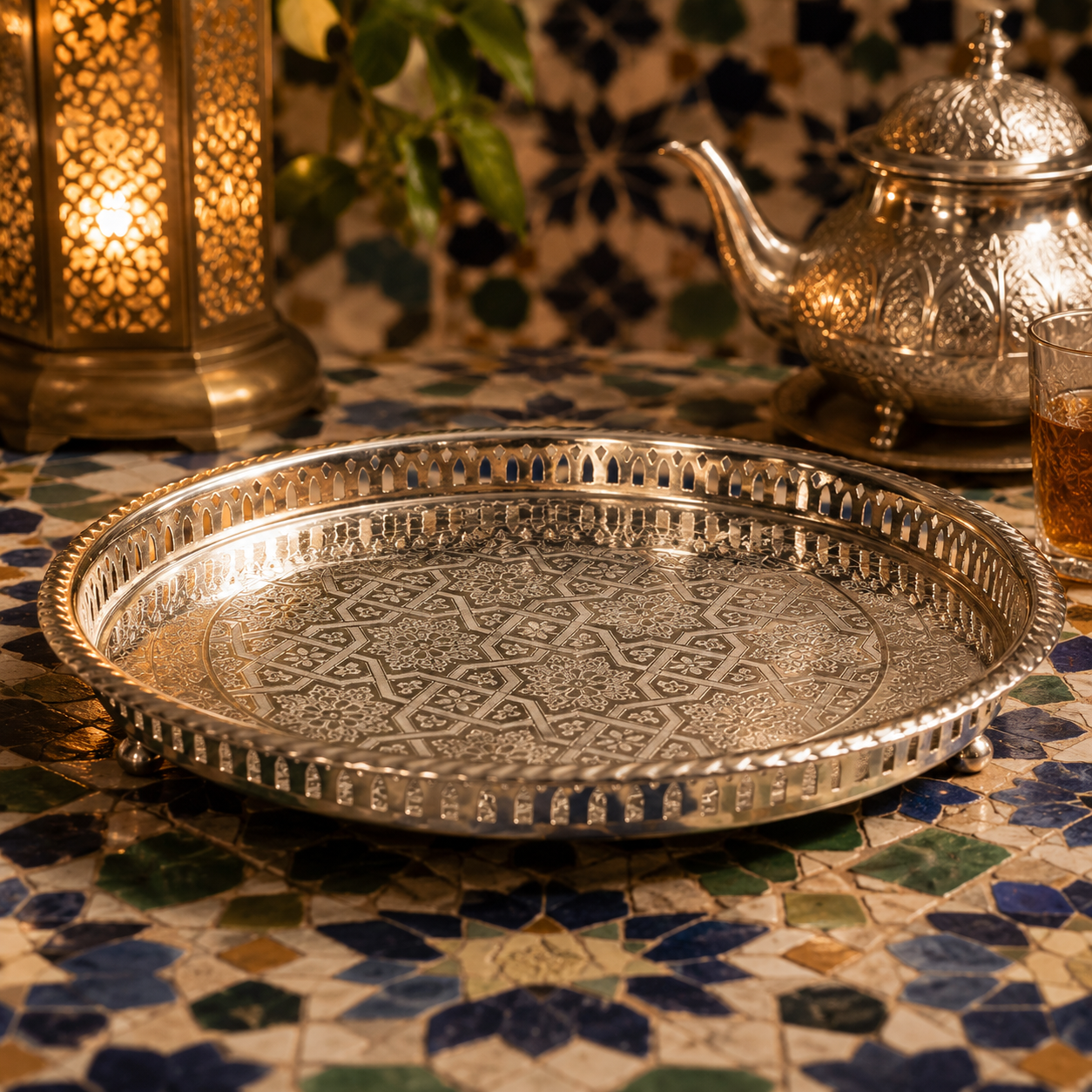 Service à Thé Marocain Artisanal de Luxe Complet en Cuivre Fait Main