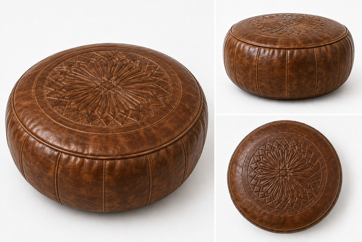 DESERT SUN HERITAGE— Set of Two Handcrafted Leather Poufs