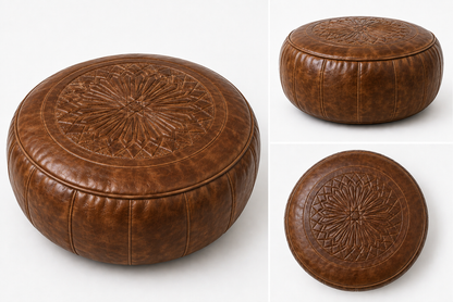 DESERT SUN HERITAGE— Set of Two Handcrafted Leather Poufs