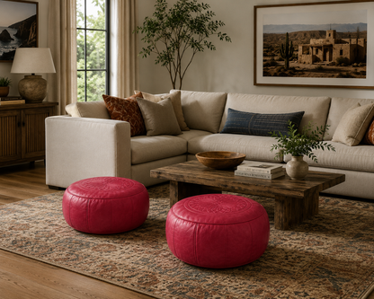 CRIMSON SUN— 2-Piece Moroccan Leather Pouf Set fushia
