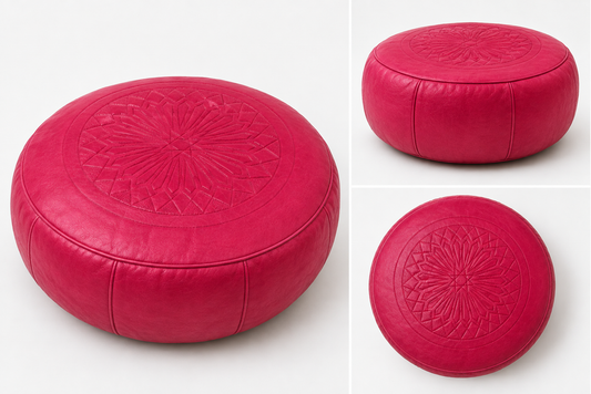 CRIMSON SUN— 2-Piece Moroccan Leather Pouf Set fushia