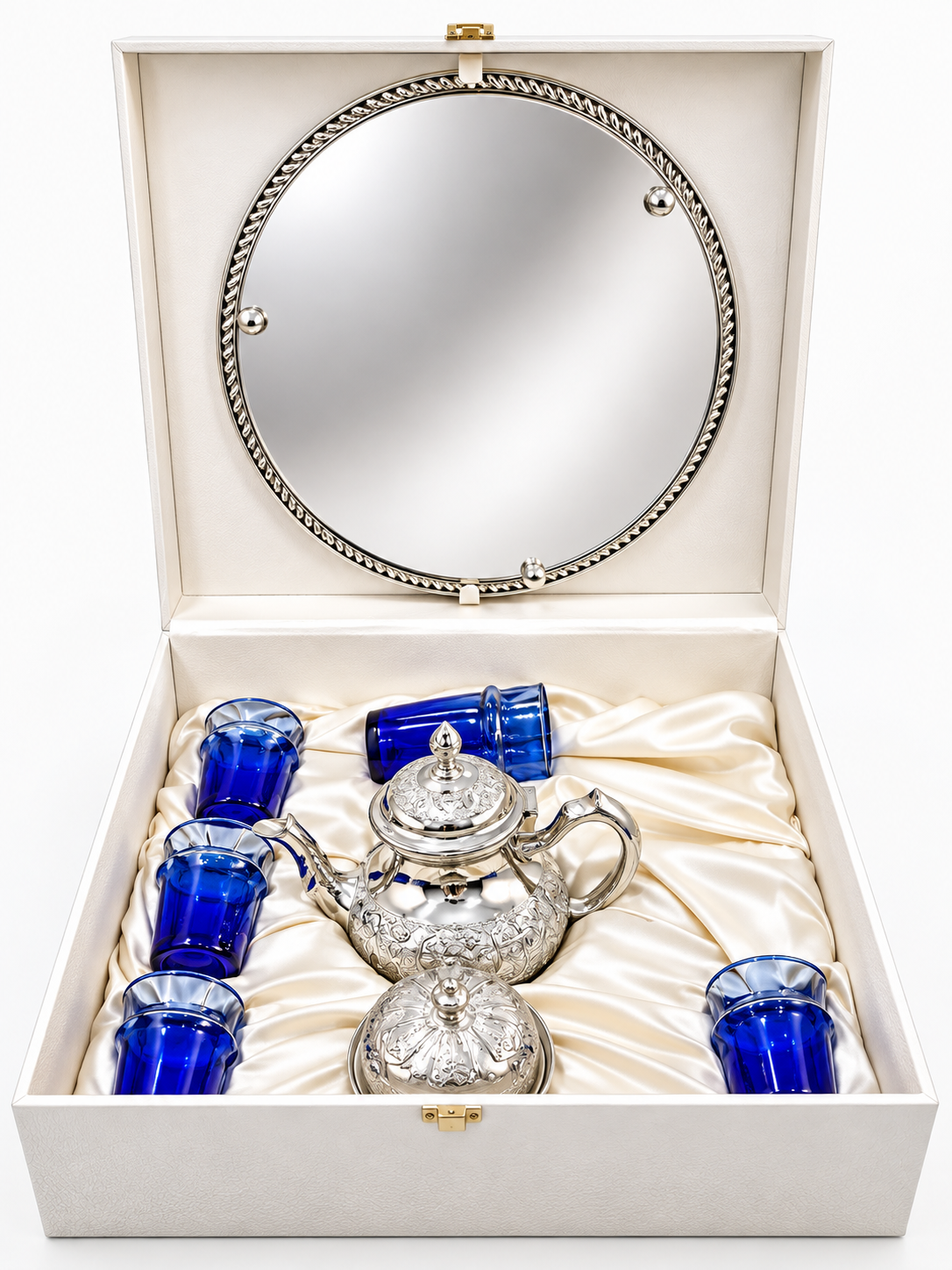 Luxury Handmade Moroccan Copper Tea Set —1 Handmade Teapot + Serving Tray + Sugar Bowl + 6 Traditional Tea Glasses