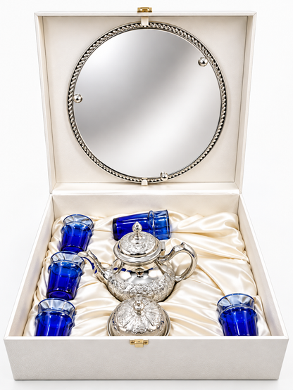Luxury Handmade Moroccan Copper Tea Set —1 Handmade Teapot + Serving Tray + Sugar Bowl + 6 Traditional Tea Glasses